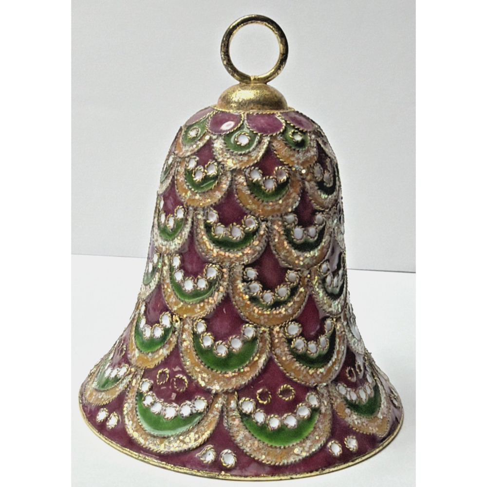 Vtg Enamel Cloisonné Bell Ornament Purple Green Gold Scallop Tree Feather As Is